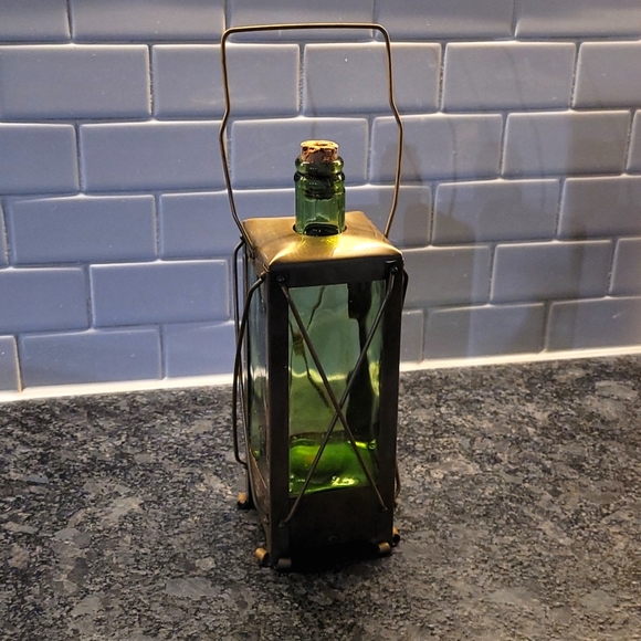Vintage Musical Brass and Green Glass Lantern Decanter - Picture 4 of 10